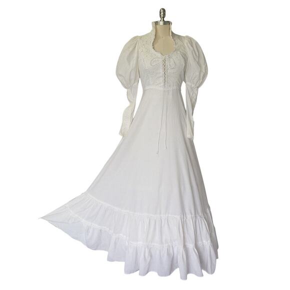 Gunne Sax Wedding Dress Size 11 M Corset White Puff Sleeves Vintage 70s - Picture 2 of 12